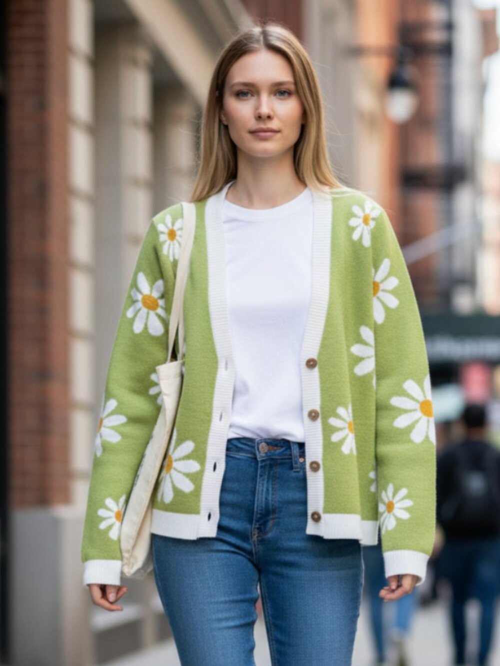 NWT UMGEE Lime Green Floral V Neck Y2K Sweater Cardigan